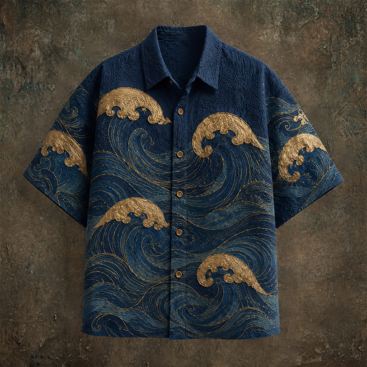 Comstylish Men's Japanese Art Wave Print Cotton Linen Top