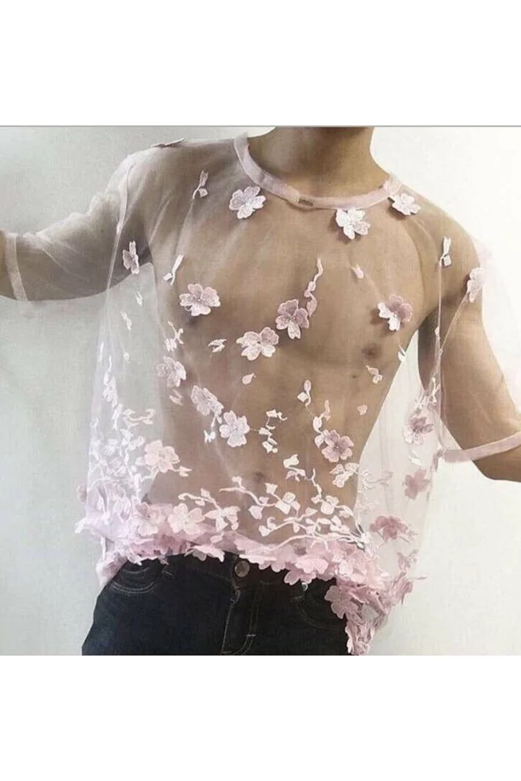 Men's See Through Floral Half Sleeve Casual Pink T-shirt
