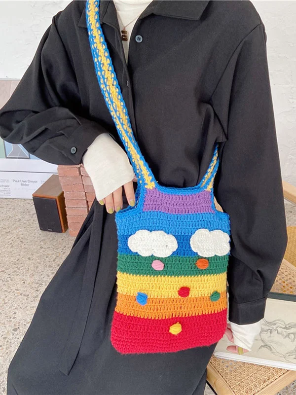 Fashion Knitting Rainbow Multi-Colored Tote Bag Handbag
