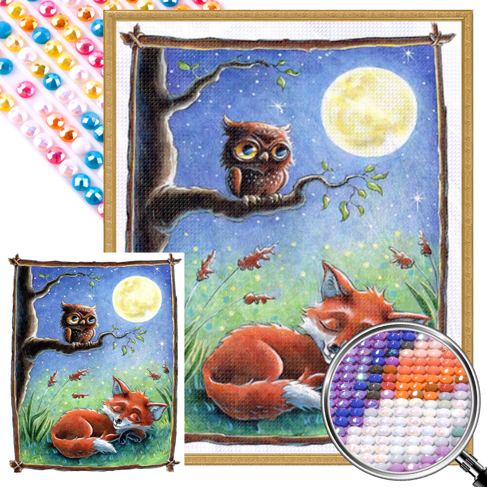 Owl And Fox Under The Moon 40*50cm(picture) full round drill diamond painting with 3 to 5 colors of AB drills