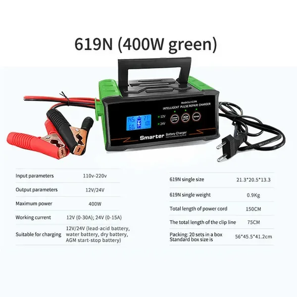 12V 24V Car 12V/24V Smart Charger Automatic Battery Repair Self-stop Wet Dry Lead-Acid Digital LCD Display