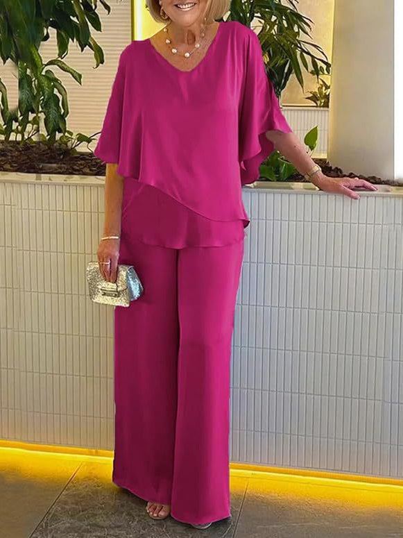 Women Half Sleeve V-neck Solid Color Dress