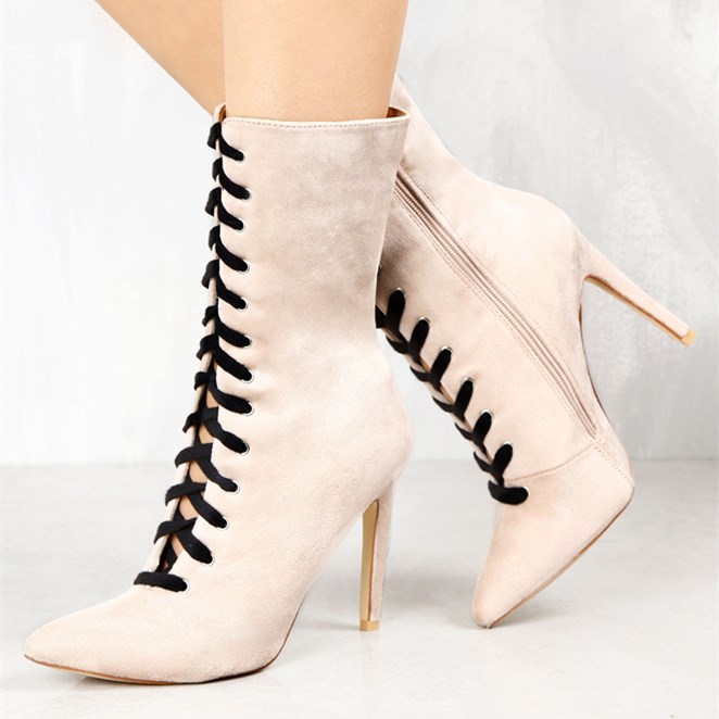 GOOSHOE Ivory Suede Lace-up Stiletto Heel Boots