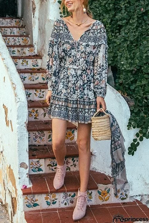 Floral Print Long Sleeve Mini Dress