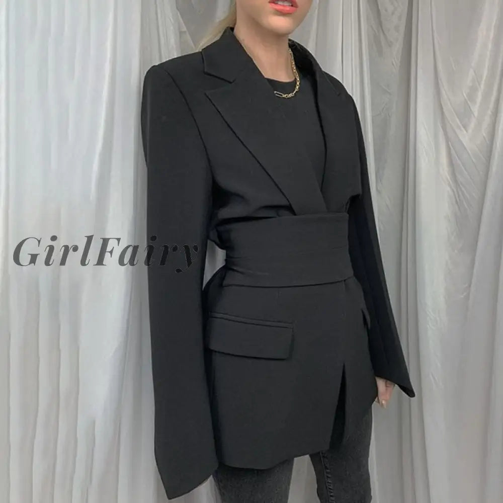 Girlfairy Women Wide Belt Slim Blazer New Lapel Long Sleeve Office Lady Suit Coat 2023 Fashion