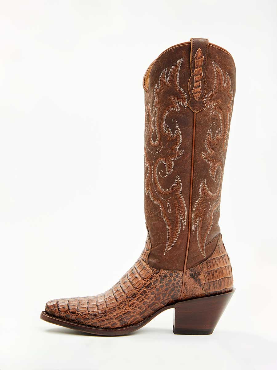 Brown Croco Embossed Pointed Toe Chunky Heel Cowboy Boots for Women