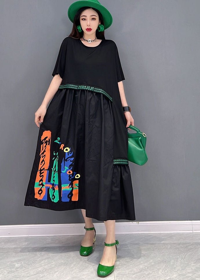 Baggy Black Asymmetrical Patchwork Print Cotton Holiday Dress Short Sleeve