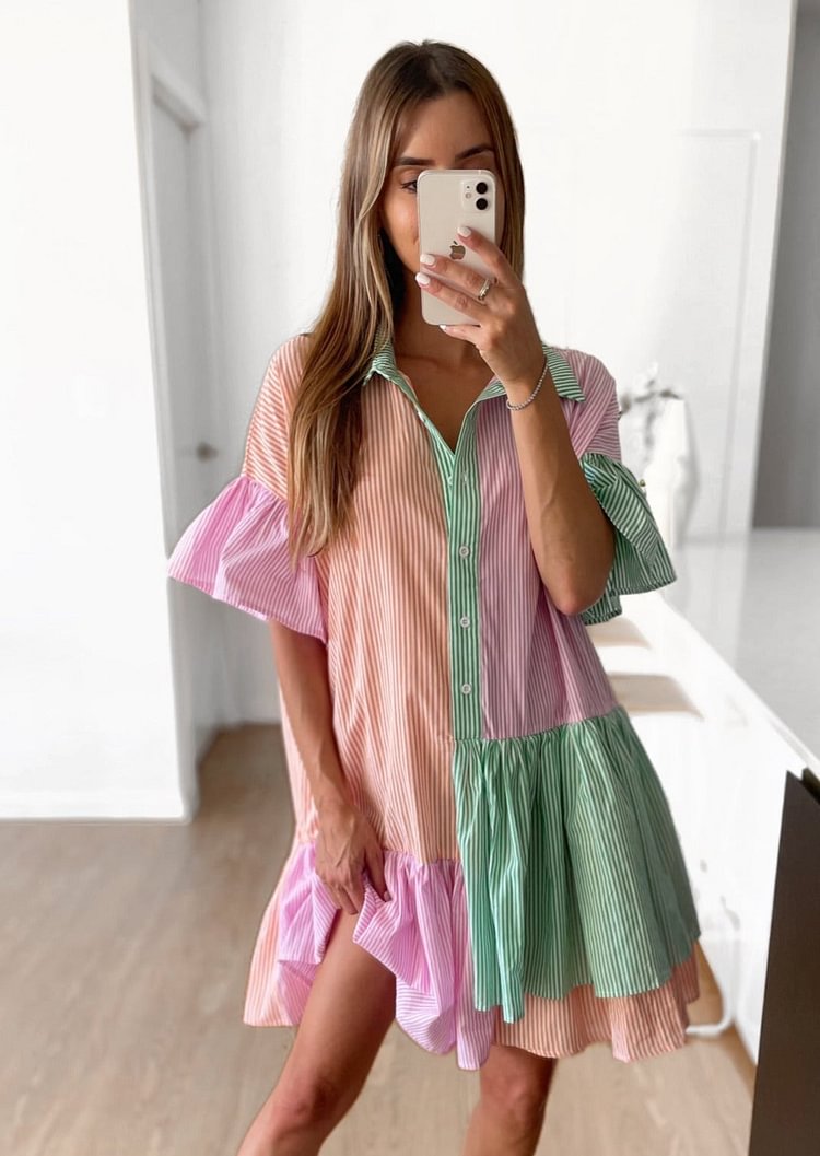 Multi-color Relaxed fit Flared Half Sleeve Mini Dresses