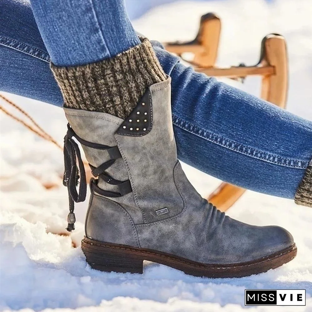 New Fashion Autumn and Winter Womens Boots In The Calf Boots Casual Flat Snow Boots Leather Sweater Bandage Boots Cowgirl Boots Zipper Low Heel Ladies Boots