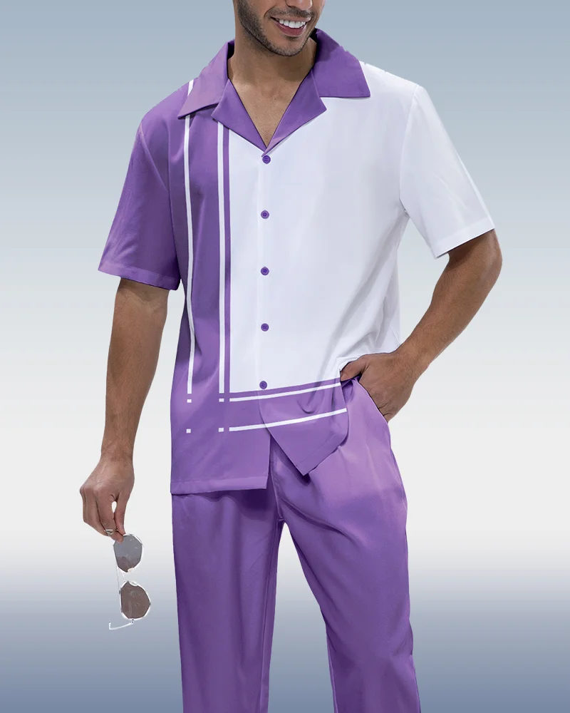 Suitmens Purple Panel Print Short Sleeve Walking Suit