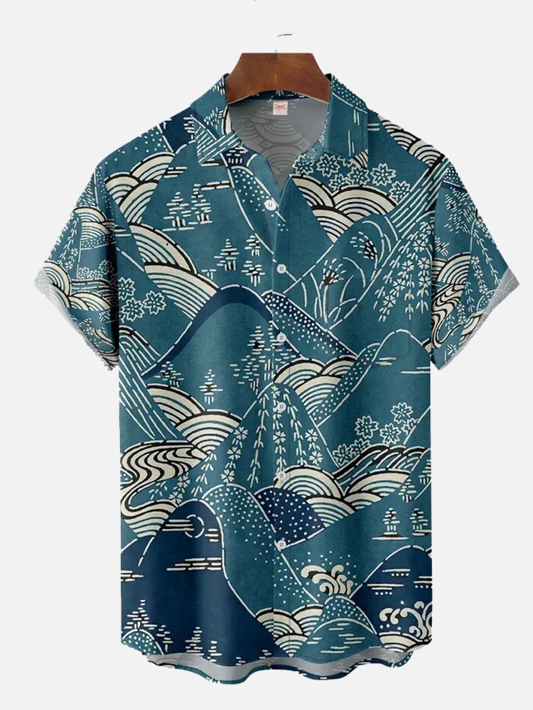 Vintage Ethnic Art Dark Blue Mountains And Seas Map Printing Short Sleeve Shirt