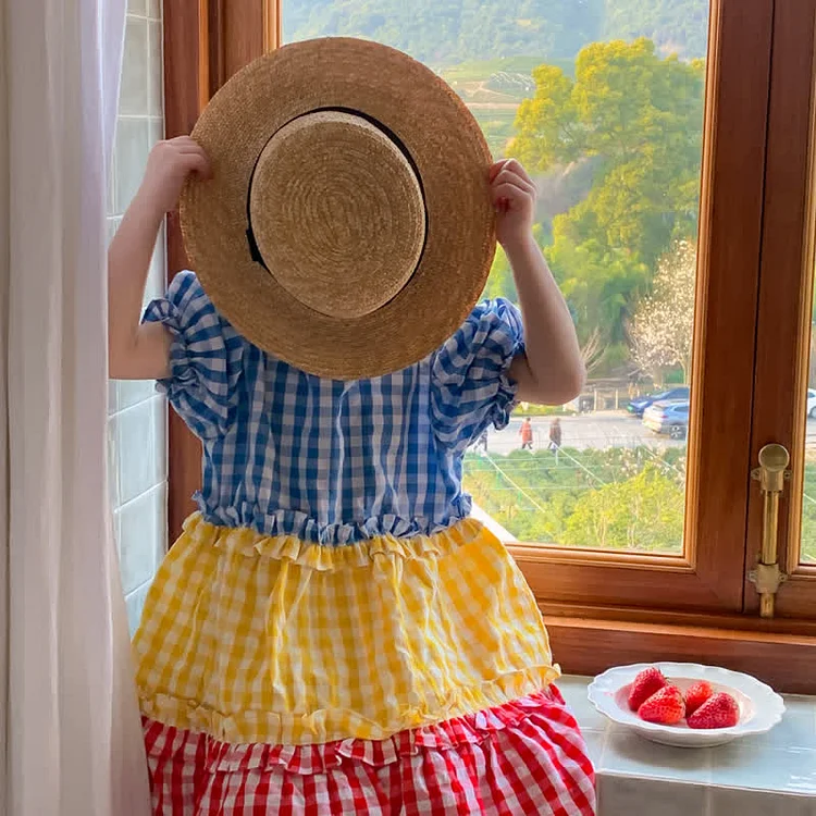 Toddler Girl Color Block Plaid Puff Sleeve Dress