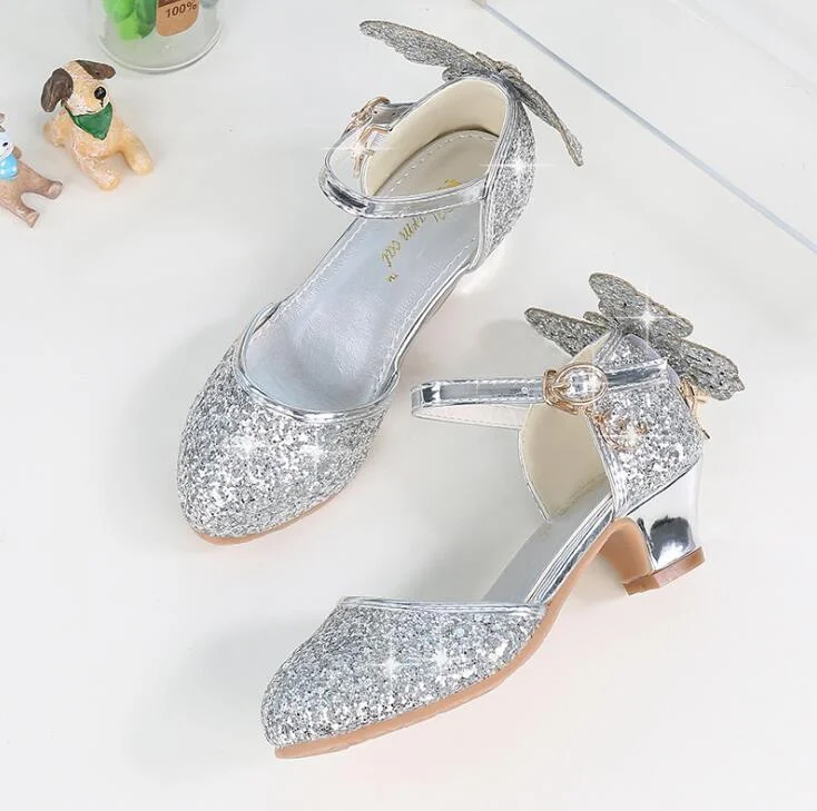 Girls Glitter Leather Shoes Pink and Silver High Heel Bow Party Sandals Girls Shoes Boutique Fashion