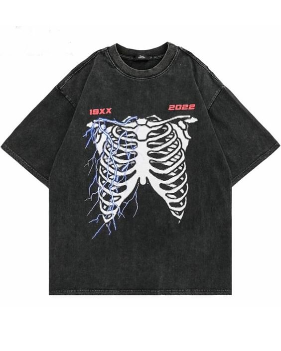 Washed Streetwear Skeleton T Shirt