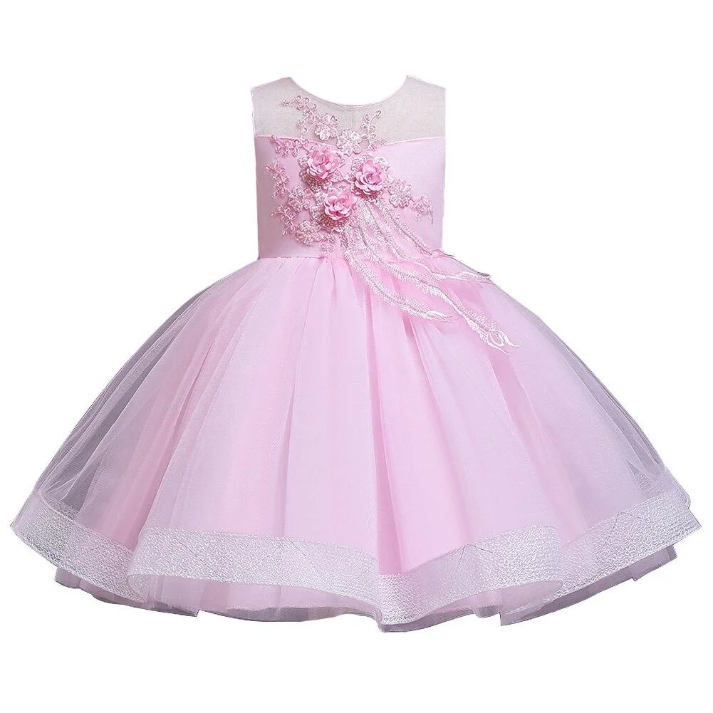 Child Blue Temperament Flower Wedding Dress for Kids of 2-6 Years Old Baby Girls Clothing Designs Round Neck Sleeveless