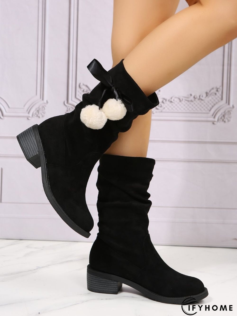 Christmas Pompom Decor Faux Suede Slouchy Boots | IFYHOME