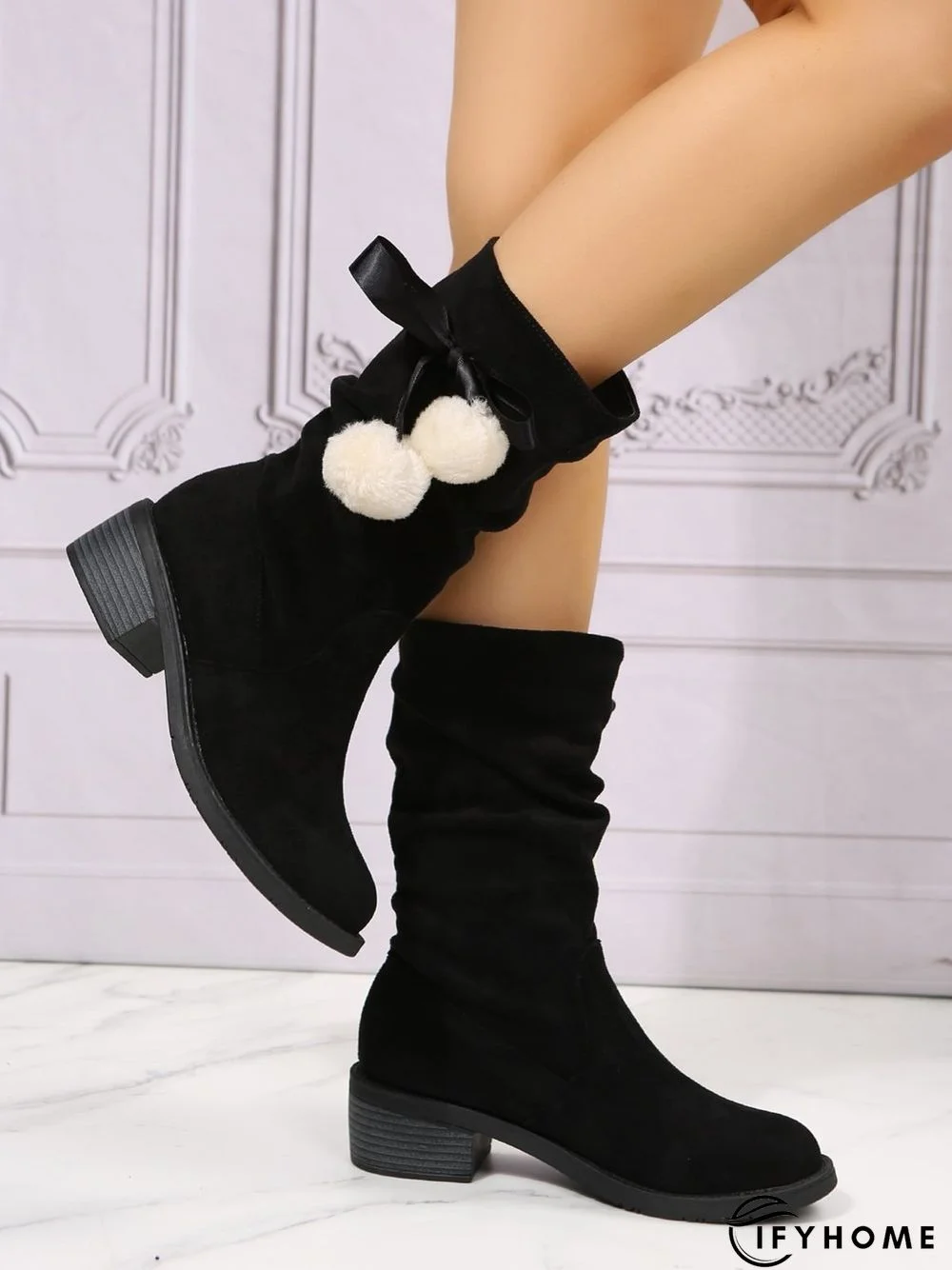 Christmas Pompom Decor Faux Suede Slouchy Boots | IFYHOME