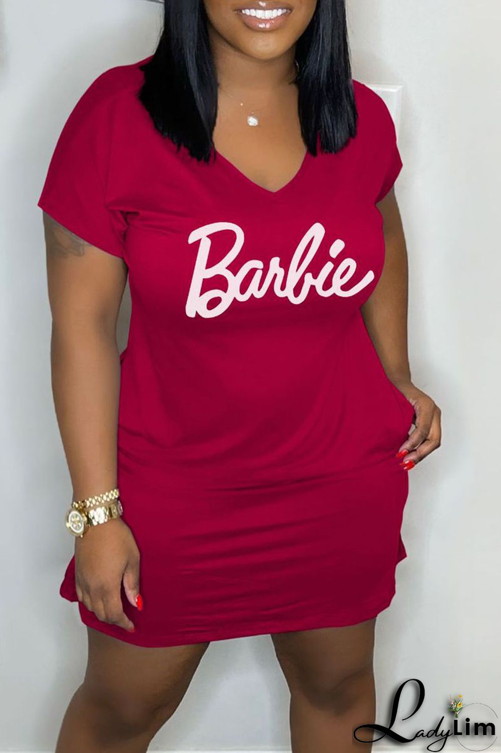 Pink Casual Print Patchwork V Neck Straight Dresses