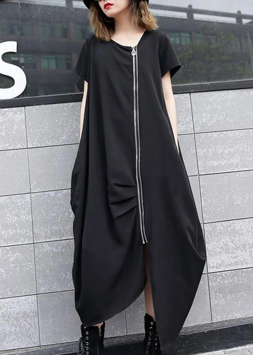 Handmade black asymmetric cotton Long Shirts zippered long summer Dress