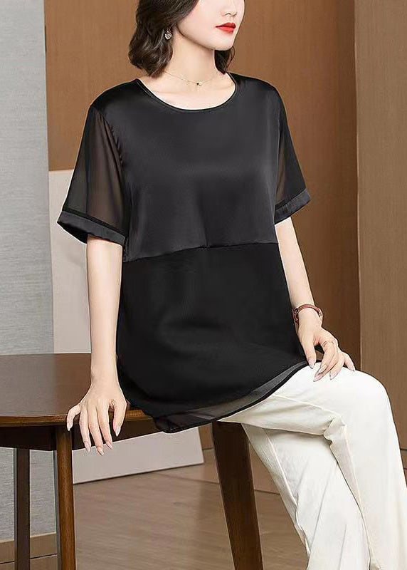 VCSHOES Loose Black O Neck Patchwork Chiffon T Shirt Tops Summer
