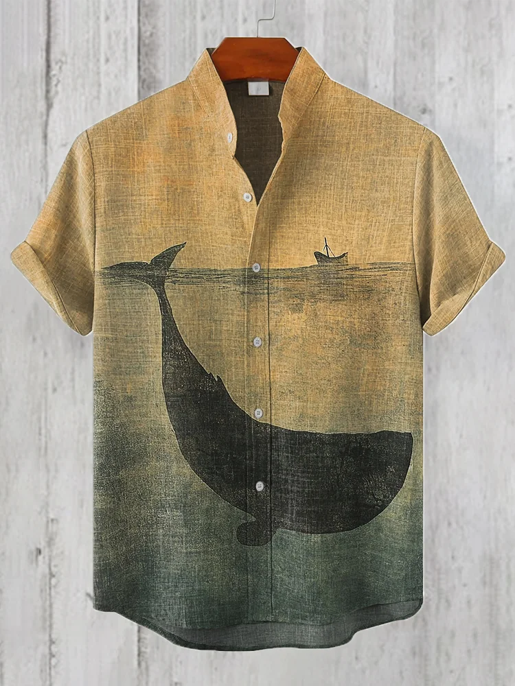 Men's Vintage Whale Print Linen Blend Shirt