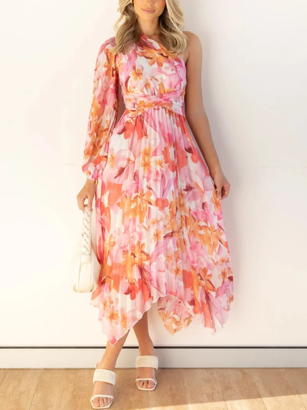 Slanted shoulder printed midi dress