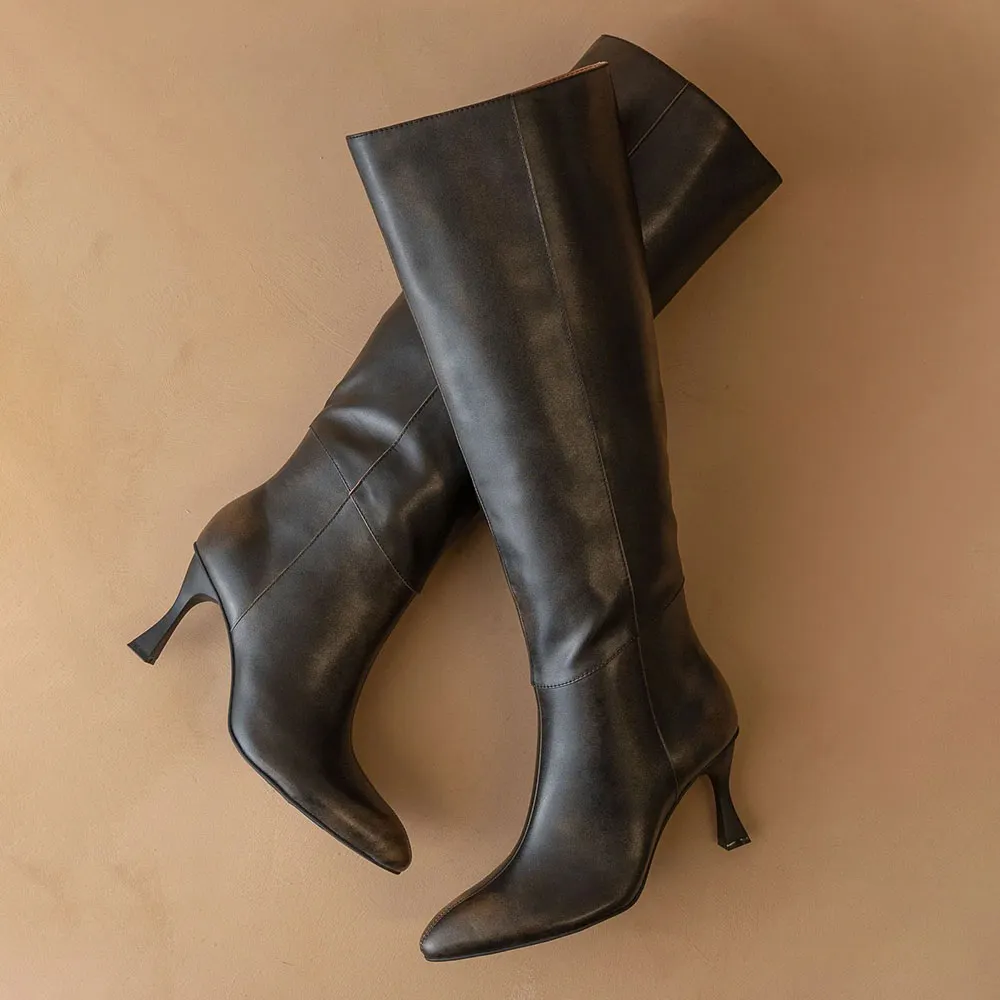 Stylish Black Faux Leather Pointed Toe Flared Heel Knee High Boots