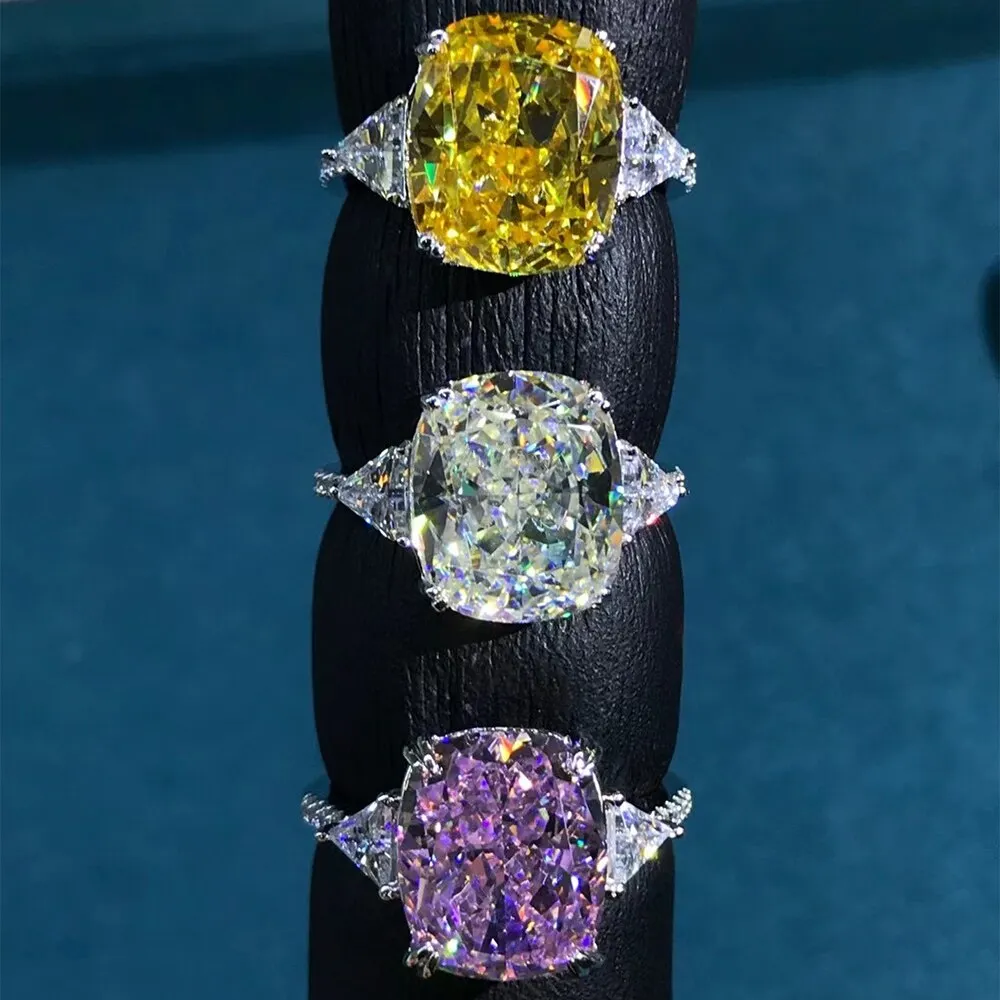 Luxury 925 Sterling Silver 5 CT Cushion Cut Created Moissanite Gemstone Diamonds Wedding Engagement Ring Fine Jewelry