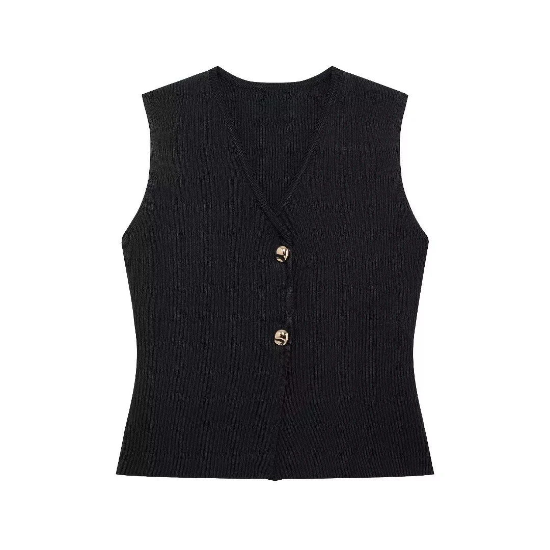 Nigikala Nigikala Summer Women's Solid Color Repair Gold Button Knitted Vest Blouse B62038