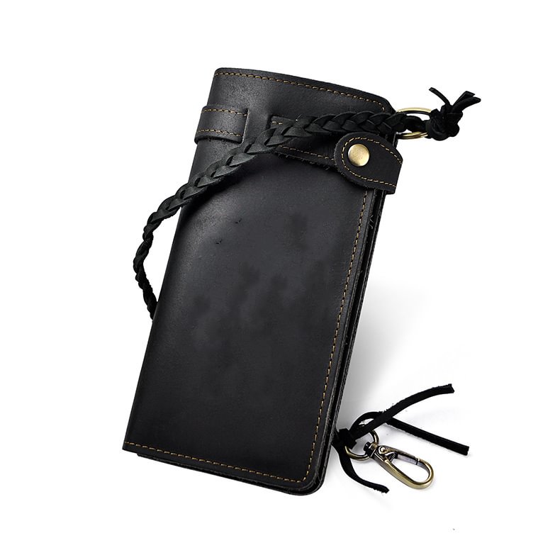 Mongw Male Organizal Crazy Horse Real leather Design Checkbook Chain Wallet Purse Clutch Handbag For Men 3377
