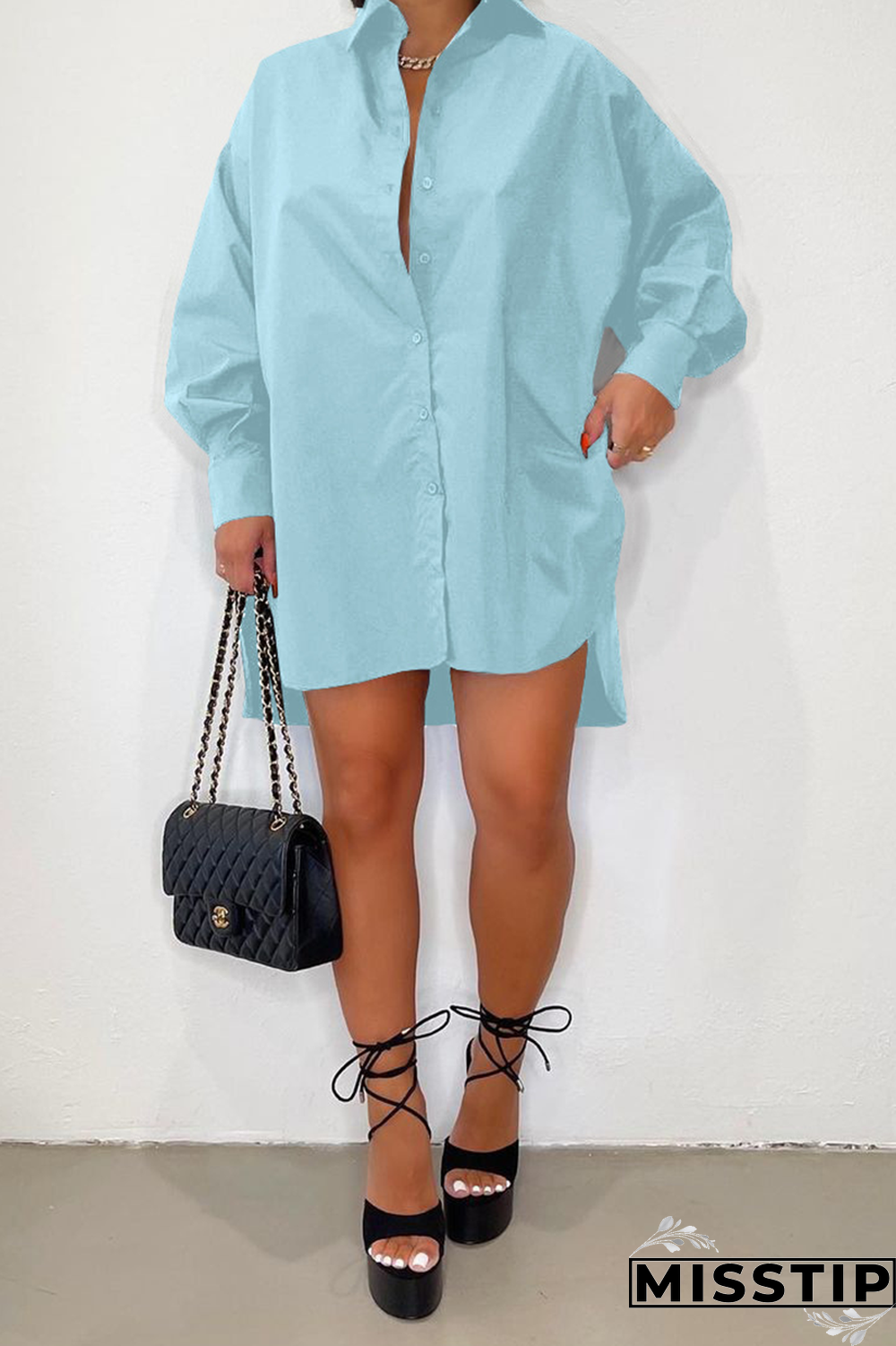 Black Fashion Solid Patchwork Turndown Collar Tops