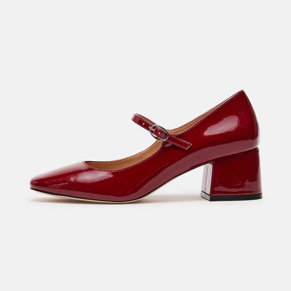 Maroon Round Toe Chunky Heel Buckle-Strappy Mary Jane Pumps Nicepairs