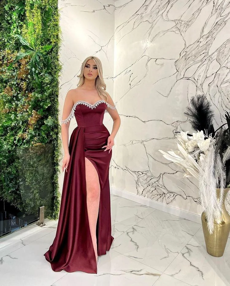 Neosepa-Sweet Strapless Corset Slim Ruffle High Slit Evening Gown Party Dress