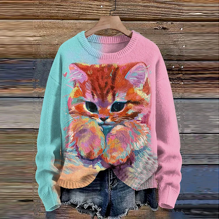 Cute Cat Print Pullover Knitted Sweater