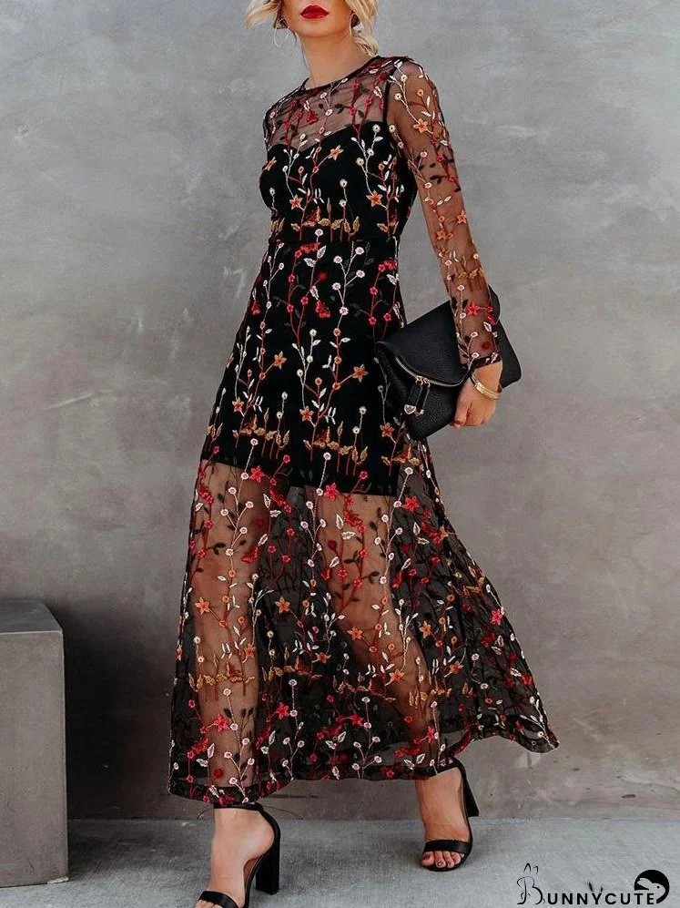 Dresses Round Neck Suspender Embroidered Mesh Two-Piece Dress for Women