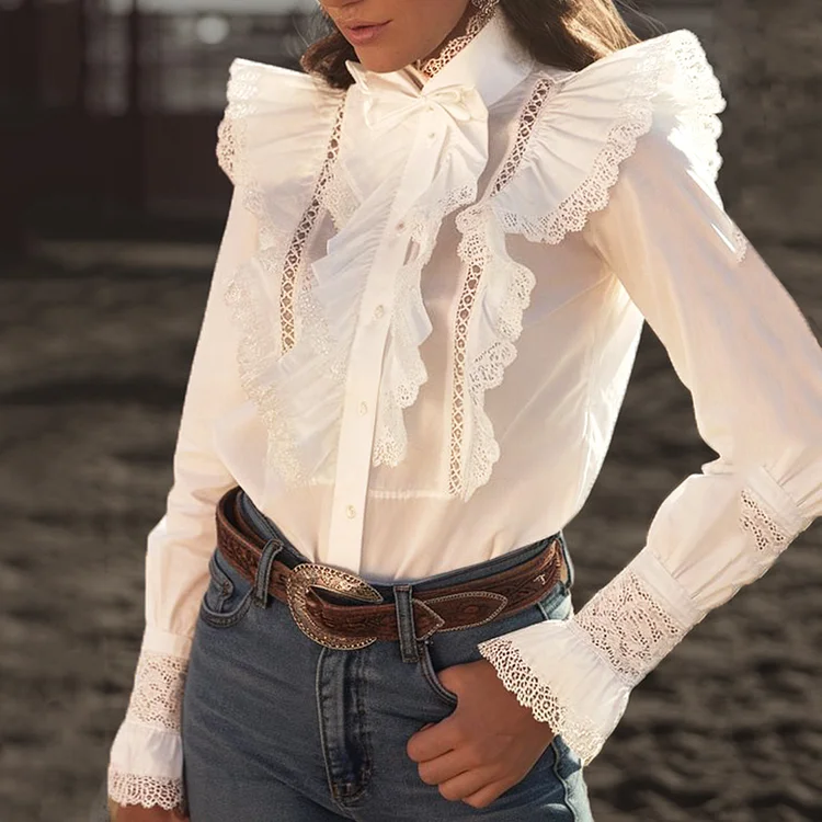 Casual Solid Ruffle Lace Trim Button Long Sleeve Blouse