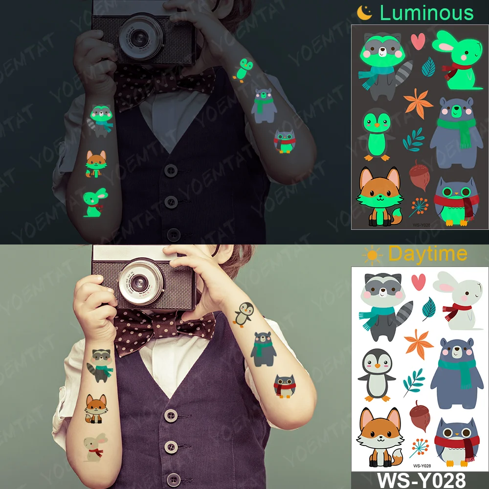 Sdrawing Temporary Tattoo Sticker Glowing Panda Fox Tiger Cute Animal Luminous Children Tatoo Kid Body Arm Glitter Fake Tatto