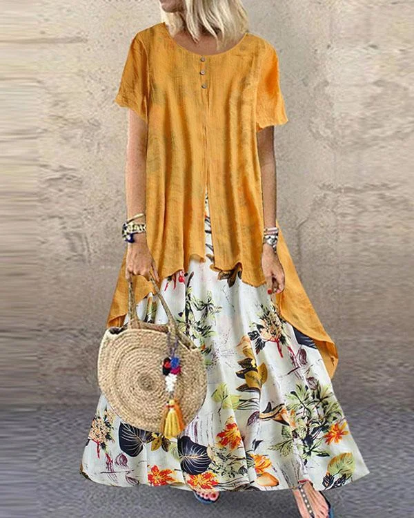 Vintage Print Patchwork Summer Plus Size Maxi Dress With Pockets