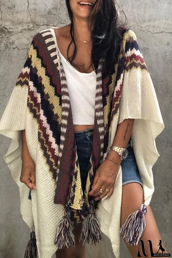 Vintage Multicolor Collarless Patchwork Tassel Knit Kimono