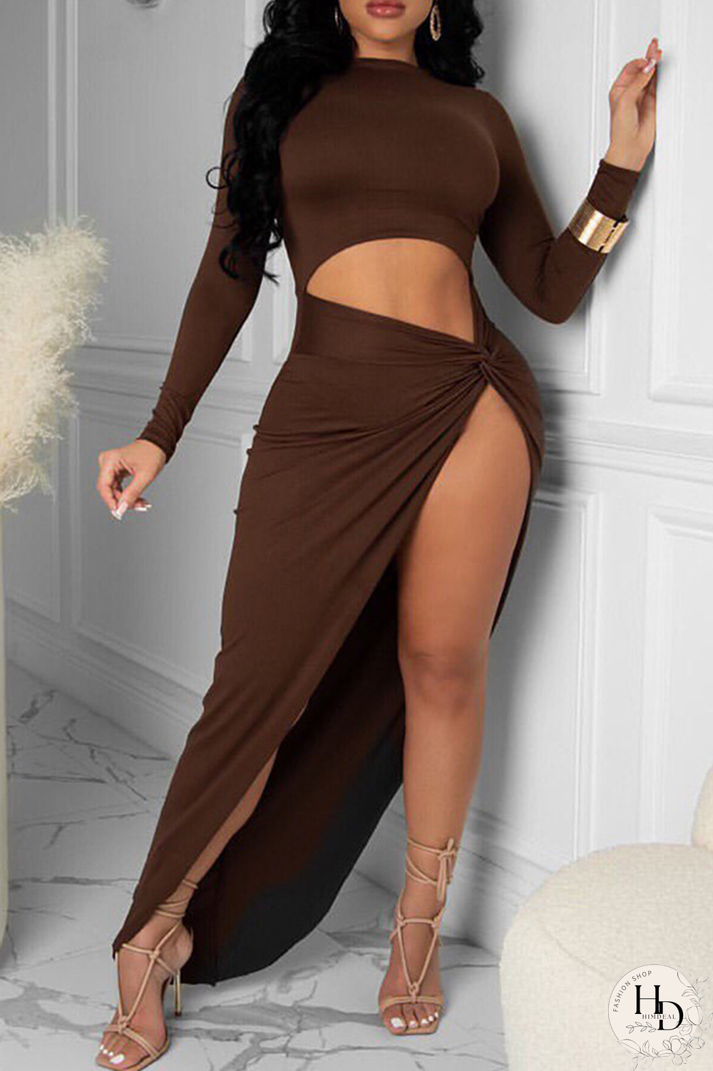 Deep Coffee Sexy Solid Split Joint Half A Turtleneck Irregular Dress Dresses