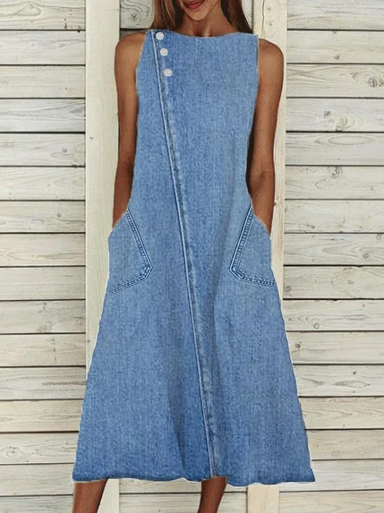 Women's Denim Dresses Sleeveless Crew Neck Denim Midi Dress