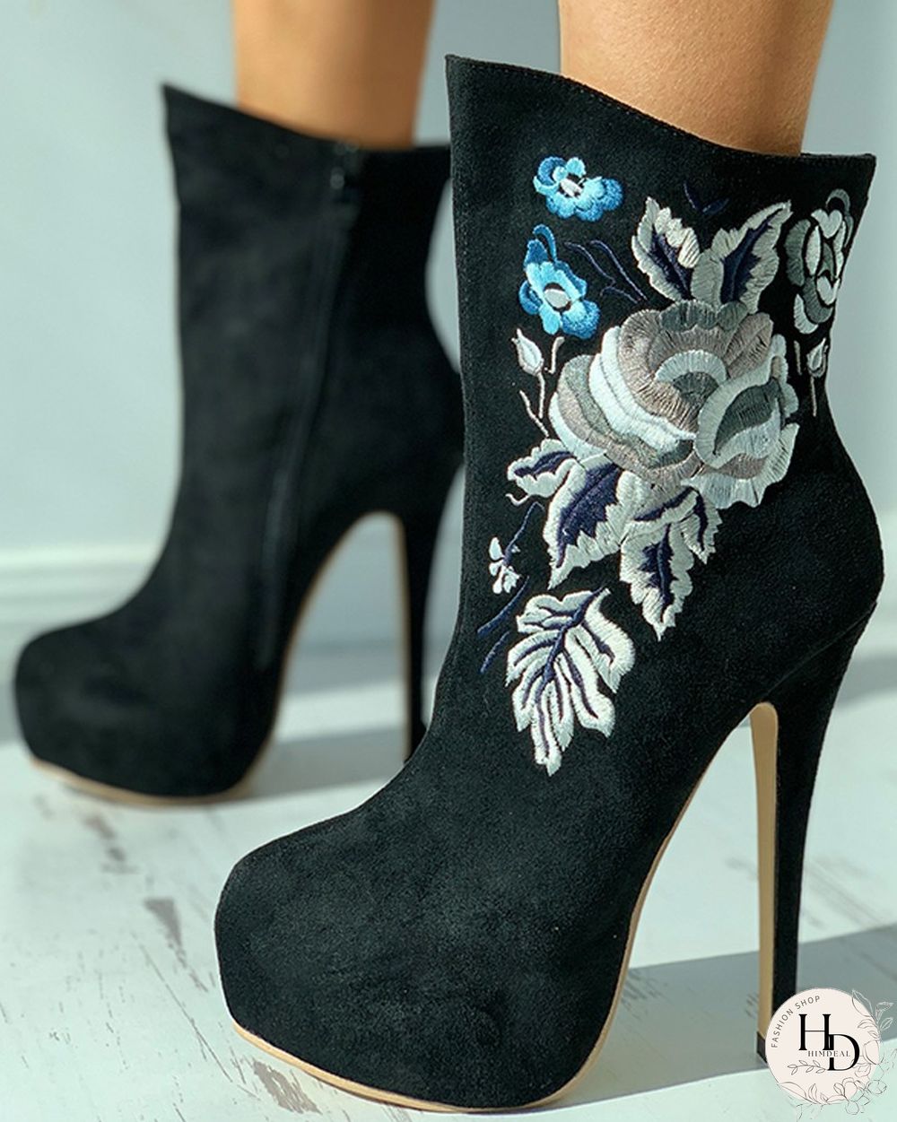 Floral Embroidery Suede Stiletto Heel Boots