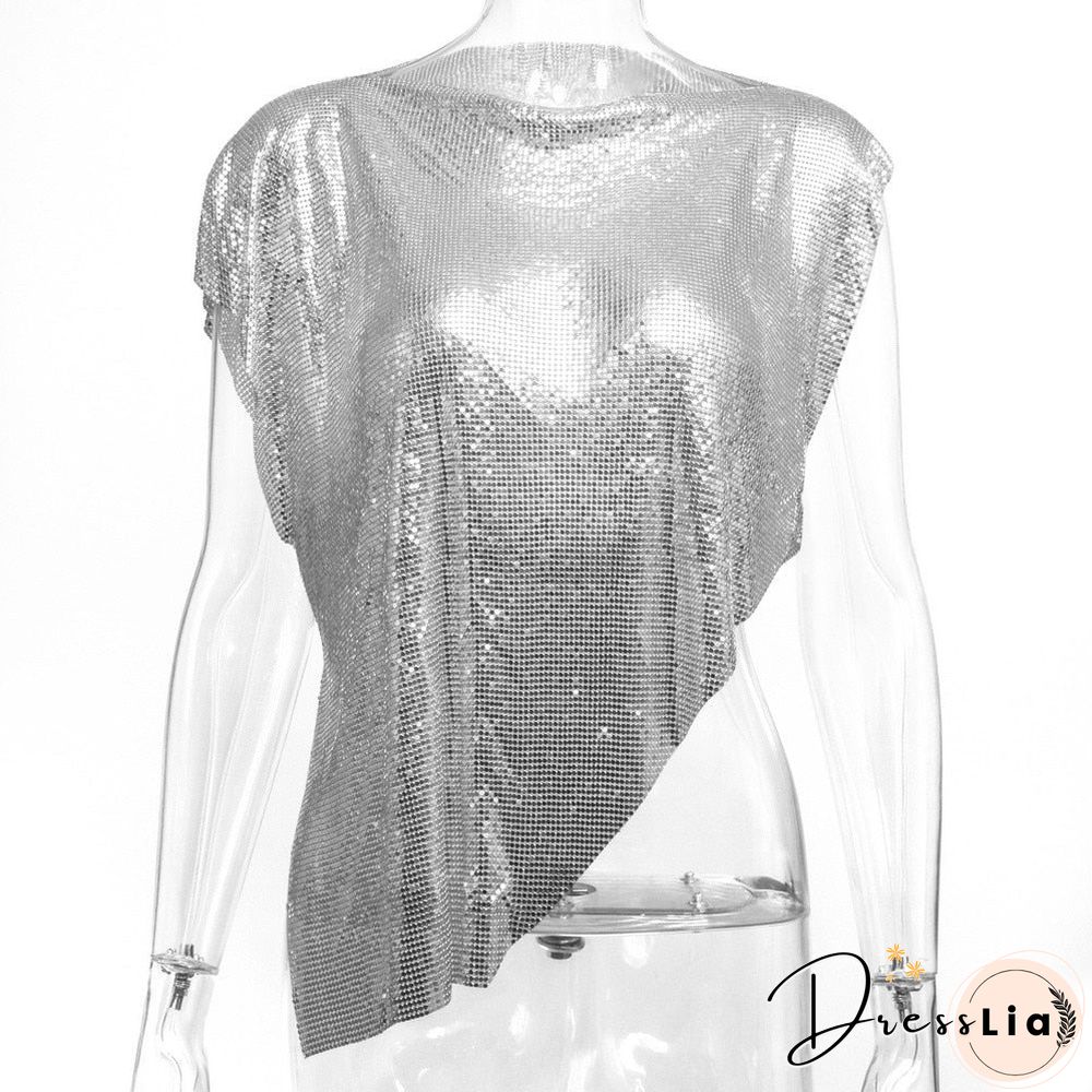 Silver Sexy Metal Short Sleeve Women's T-shirts O Neck Asymmetry Back Hollow Out Tops Clubwear Shine Sequins Hot T Shirt