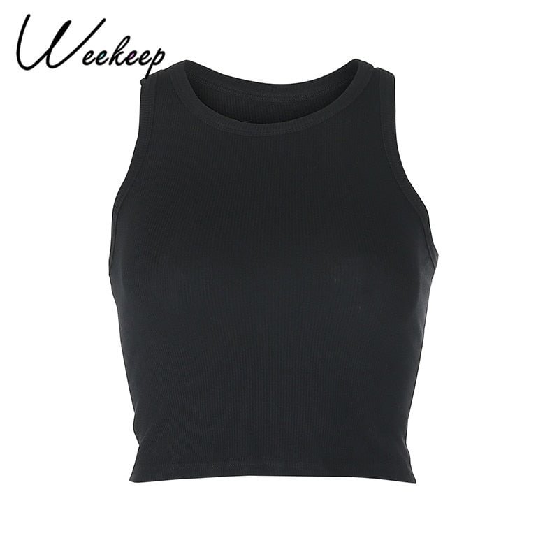 Weekeep Fitness Basic Knitted Tank Top Women Sleeveless Casual Solid Color Elastic Crop Tops Clubwear Retro Summer Vest Harajuku