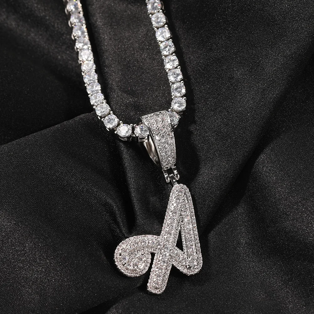 Iced Out Initial Brush Cursive Letter Pendant Alphabet Necklace-VESSFUL