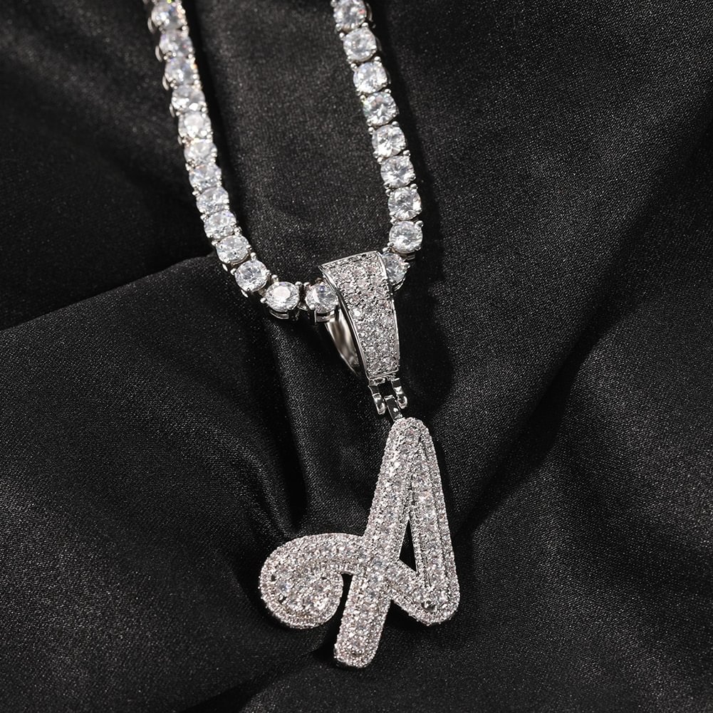 Iced Out Initial Brush Cursive Letter Pendant Alphabet Necklace-VESSFUL