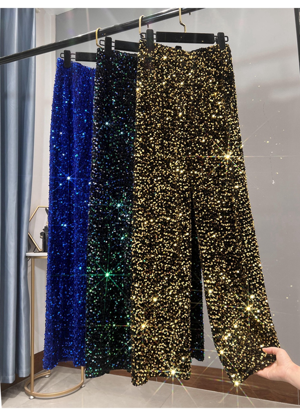 Ootddress Casual Sequin For Women Straight Legg Trousers High Waist Glitter Streetwear Fashion Solid Slim Wide Leg Women's Y2K Pants