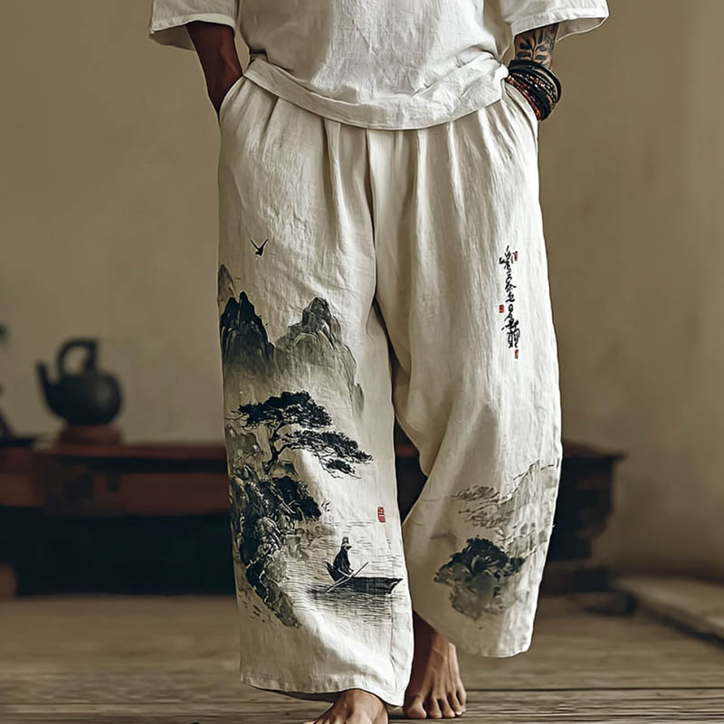 Men's Retro Japanese Landscape Print Casual Pants  artssus