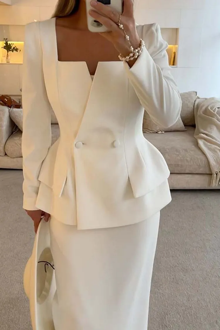 Square Neck Bubble Silhouette Top Midi Skirt Sets