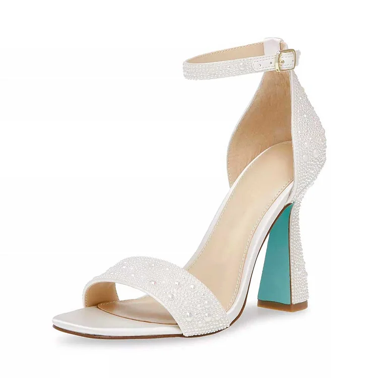 White Open Square Toe Crystal Embellished Flared Heel Women's Sandals |FSJ Shoes